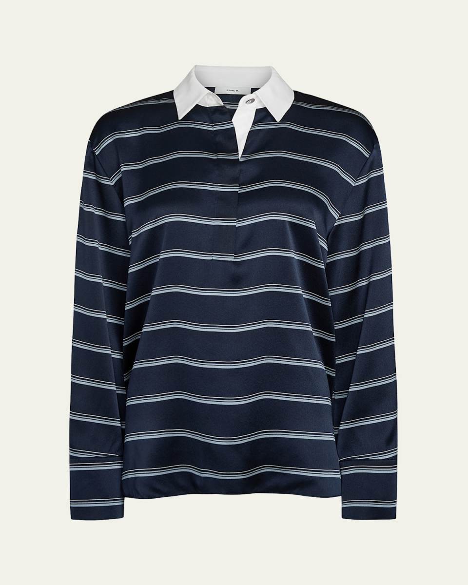 Long-Sleeve Stripe Silk Rugby Shirt